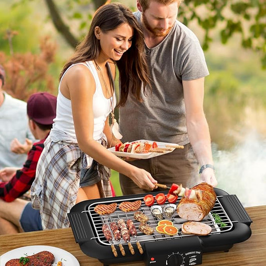 🌟Elektrischer Grill, rauchfreier Antihaft-Grill für drinnen und draußen, 2000 W, leistungsstarker tragbarer Grill mit abnehmbarem Ständer und zwei Heizelementen für Grillpartys (elegantes Schwarz)
