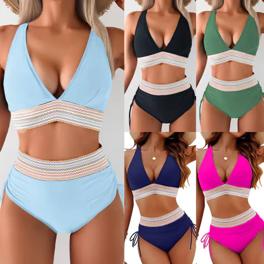 High Waisted Tummy Control Color Block Bikini Set