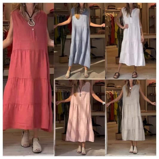 👗62% Rabatt🌸Ärmelloses, gestuftes langes Damenkleid mit V-Ausschnitt und Knöpfen
