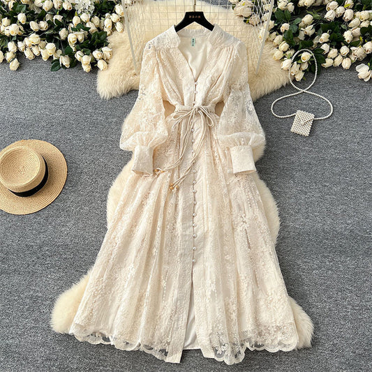 🔥Solange der Vorrat reicht 50 % Rabatt!🎉Vintage besticktes Kleid mit Laternenärmeln