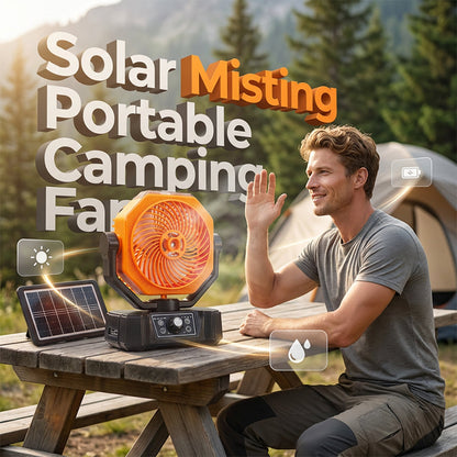 🌞 Tragbarer Solar-Campingventilator mit Nebelfunktion